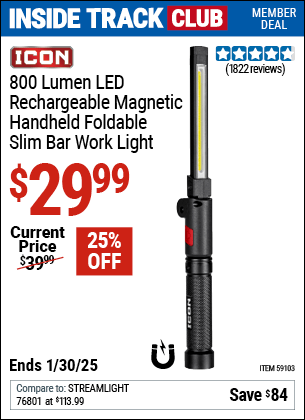 Harbor Freight Coupons, HF Coupons, 20% off - ICON 800 Lumen Rechargeable Slim Bar LED Light for $24.99