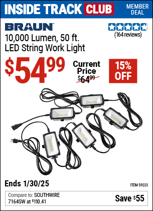 Harbor Freight Coupons, HF Coupons, 20% off - BRAUN 10 -000 Lumen 50 ft. LED String Work Light for $52.99