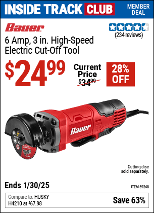 Harbor Freight Coupons, HF Coupons, 20% off - BAUER 6 Amp, 3 in. High Speed Electric Cut-Off Tool for $19.99