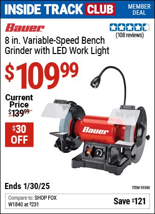 Harbor Freight Coupons, HF Coupons, 20% off - BAUER 8 in. Variable-Speed Bench Grinder with LED Work Light for $119.99