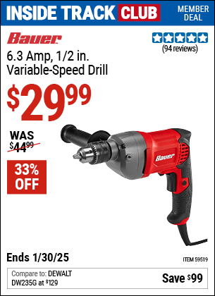 Harbor Freight Coupons, HF Coupons, 20% off - BAUER 6.3 Amp, 1/2 in. Variable-Speed Drill for $24.99