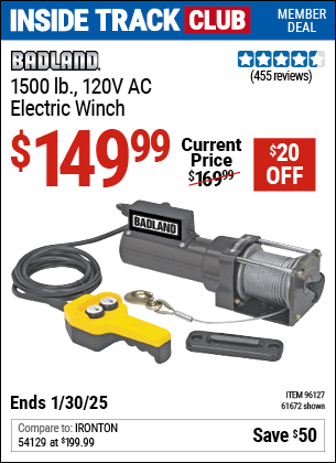 Harbor Freight Coupons, HF Coupons, 20% off - 1500 Lb. Capacity 120 Volt Ac Electric Winch