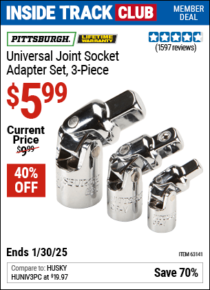 Harbor Freight Coupons, HF Coupons, 20% off - 3 Piece Universal Joint Socket Adapter Set