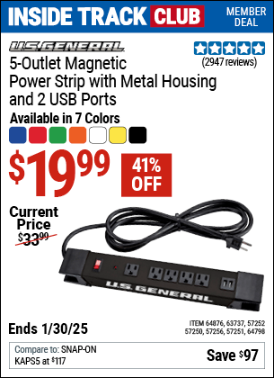 Harbor Freight Coupons, HF Coupons, 20% off - 5 Outlet Heavy Duty Magnetic Power Strip With Metal Housing And 2 Usb Ports