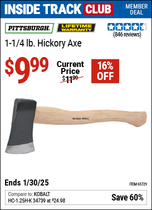 Harbor Freight Coupons, HF Coupons, 20% off - PITTSBURGH 1-1/4 lb. Hickory Axe for $9.99