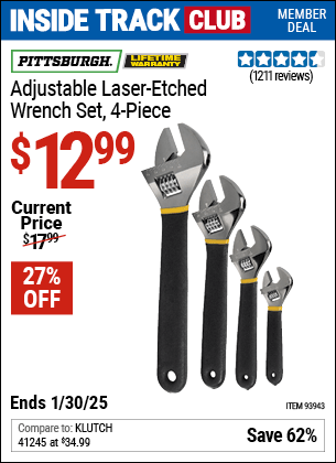 Harbor Freight Coupons, HF Coupons, 20% off - 4 Piece Laser Etched Adjustable Wrench Set