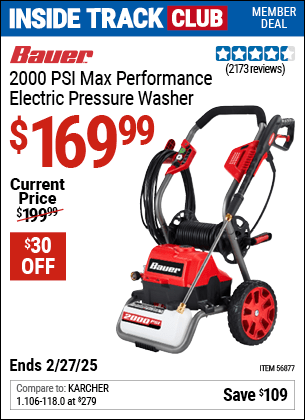 Harbor Freight Coupons, HF Coupons, 20% off - BAUER 2000 PSI Max Performance Electric Pressure Washer for $159.99