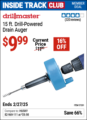 Harbor Freight Coupons, HF Coupons, 20% off - DRILL MASTER 15 ft. Drill-Powered Drain Auger for $9.99