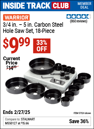 Harbor Freight Coupons, HF Coupons, 20% off - 3/4 in. - 5 in. Carbon Steel Hole Saw Set, 18 Pc.