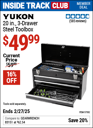 Harbor Freight Coupons, HF Coupons, 20% off - YUKON 20 in. 3 Drawer Steel Toolbox for $49.99