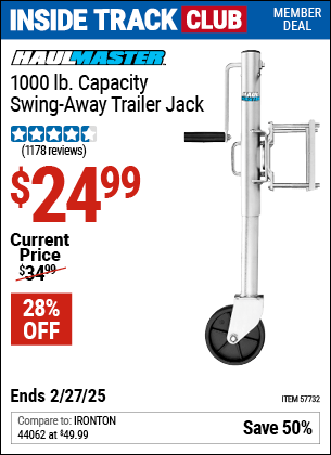 Harbor Freight Coupons, HF Coupons, 20% off - HAUL-MASTER 1000 lb. Swing-Back Bolt-On Trailer Jack for $27.99