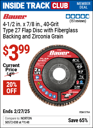 Harbor Freight Coupons, HF Coupons, 20% off - BAUER 4-1/2 in. Zirconia Type 27 Flap Disc for $4.99