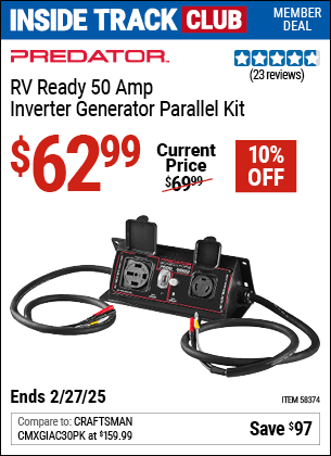 Harbor Freight Coupons, HF Coupons, 20% off - PREDATOR RV Ready 50 Amp Inverter Generator Parallel Kit for $59.99