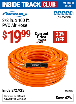 Harbor Freight Coupons, HF Coupons, 20% off - MERLIN 3/8 in. x 100 ft. PVC Air Hose for $19.99