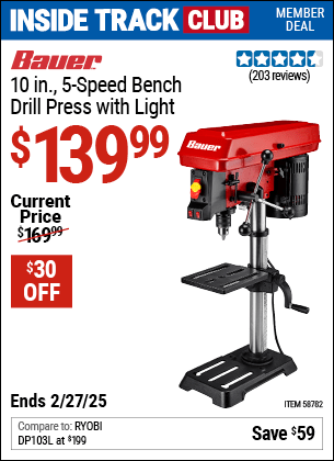 Harbor Freight Coupons, HF Coupons, 20% off - BAUER 10 in., 5-Speed Bench Drill Press with Light for $139.99