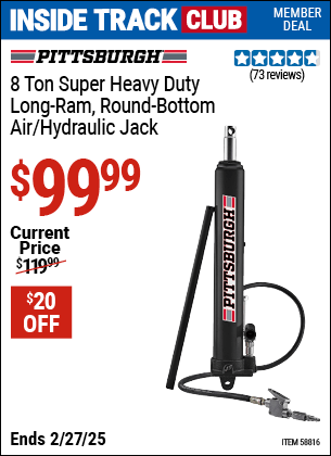 Harbor Freight Coupons, HF Coupons, 20% off - PITTSBURGH 8 Ton Long Ram Air/Hydraulic Jack for $99.99