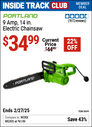 Harbor Freight Coupons, HF Coupons, 20% off - PORTLAND 9 Amp 14 in. Electric Chainsaw 