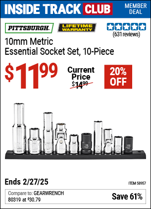 Harbor Freight Coupons, HF Coupons, 20% off - PITTSBURGH 10mm Metric Essential Socket Set for $9.99