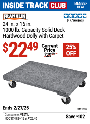 Harbor Freight Coupons, HF Coupons, 20% off - FRANKLIN 24 in. x 16 in. 1000 lb. Capacity Solid Deck Hardwood Dolly with Carpet 