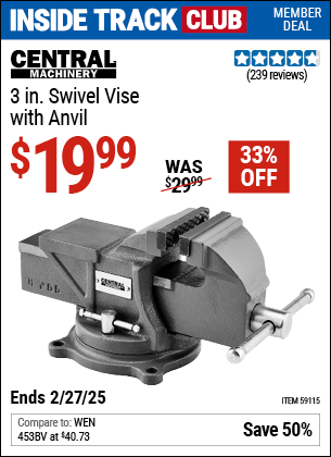 Harbor Freight Coupons, HF Coupons, 20% off - CENTRAL MACHINERY 3 in. Swivel Vise with Anvil for $24.99