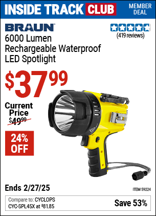 Harbor Freight Coupons, HF Coupons, 20% off - BRAUN 6000 Lumen Rechargeable Waterpoof LED Spotlight for $42.99