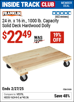 Harbor Freight Coupons, HF Coupons, 20% off - FRANKLIN 24 in. x 16 in. 1000 lb. Capacity Solid Deck Hardwood Dolly 