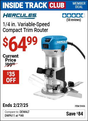 Harbor Freight Coupons, HF Coupons, 20% off - HERCULES 1/4 in. Variable-Speed Compact Trim Router for $64.99