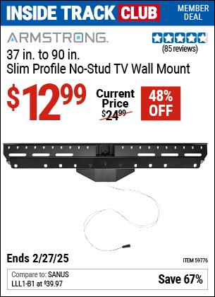 Harbor Freight Coupons, HF Coupons, 20% off - ARMSTRONG 37 in. to 90 in. Slim Profile No-Stud TV Wall Mount for $19.99