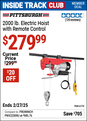 Harbor Freight Coupons, HF Coupons, 20% off - 2000 lb. Electric Hoist with Remote Control