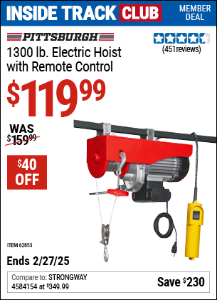 Harbor Freight Coupons, HF Coupons, 20% off - PITTSBURGH AUTOMOTIVE 1300 lb. Electric Hoist with Remote Control for $144.99