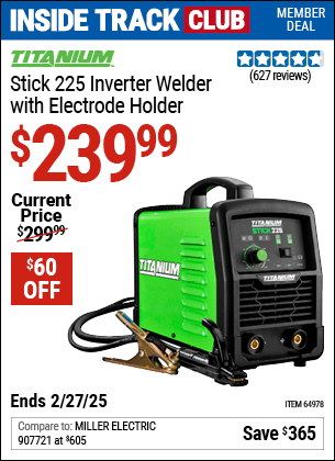 Harbor Freight Coupons, HF Coupons, 20% off - Titanium Stick 225 Inverter Welder With Electrode Holder