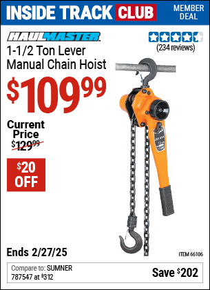 Harbor Freight Coupons, HF Coupons, 20% off - 1-1/2 Ton Lever Chain Hoist