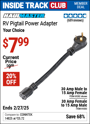 Harbor Freight Coupons, HF Coupons, 20% off - HAUL-MASTER 30 Amp Female to 15 Amp Male RV Pigtail Power Adapter for $7.99