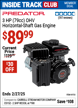 Harbor Freight Coupons, HF Coupons, 20% off - 3 Hp (79 Cc) Ohv Horizontal Shaft Gas Engine