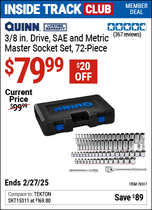 Harbor Freight Coupons, HF Coupons, 20% off - QUINN 3/8 in. Drive, SAE and Metric Master Socket Set, 72-Piece for $99.99