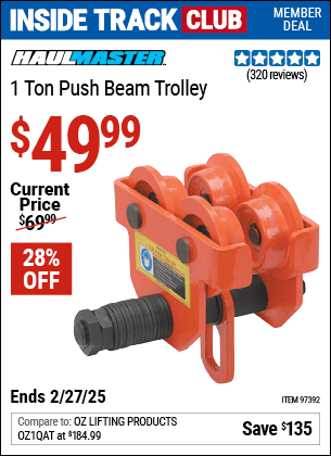 Harbor Freight Coupons, HF Coupons, 20% off - 1 Ton Push Beam Trolley