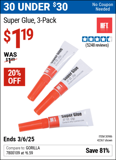 Harbor Freight Coupons, HF Coupons, 20% off - Super Glue Pack Of 3