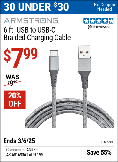 Harbor Freight Coupons, HF Coupons, 20% off - 6 ft. USB to USB-C Braided Charging Cable