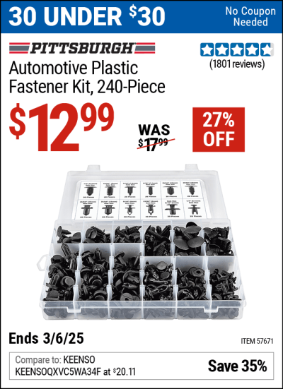 Harbor Freight Coupons, HF Coupons, 20% off - PITTSBURGH Automotive Plastic Fastener Kit for $13.99