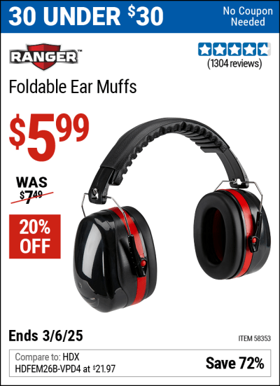 Harbor Freight Coupons, HF Coupons, 20% off - RANGER Foldable Ear Muffs for $5.99