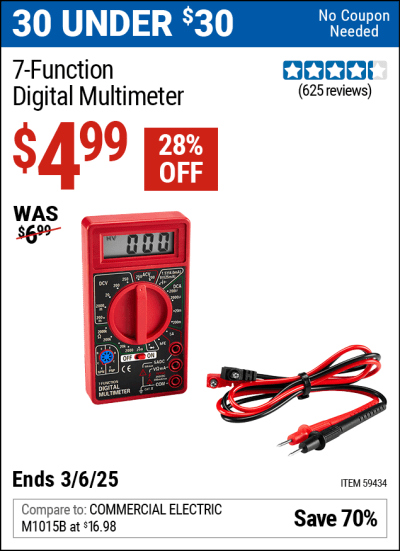 Harbor Freight Coupons, HF Coupons, 20% off - 7-Function Digital Multimeter for $4.92