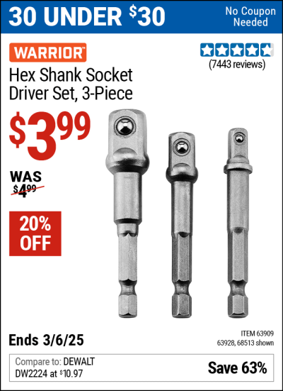 Harbor Freight Coupons, HF Coupons, 20% off - 3 Piece Hex Drill Socket Driver Set