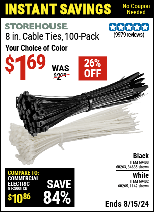 Harbor Freight Coupons, HF Coupons, 20% off - STOREHOUSE 8 in. Cable Ties Pack of 100 for $1.49