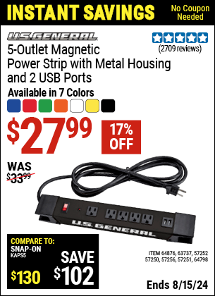 Harbor Freight Coupons, HF Coupons, 20% off - 5 Outlet Magnetic Power Strip with Metal Housing and 2 USB Ports, Orange