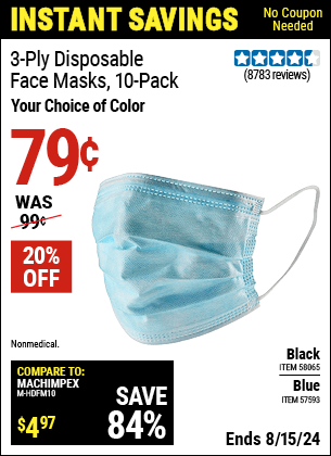 Harbor Freight Coupons, HF Coupons, 20% off - 3-Ply Disposable Face Masks