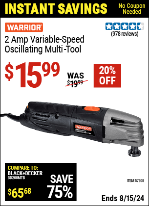 Harbor Freight Coupons, HF Coupons, 20% off - WARRIOR 2 Amp Variable Speed Oscillating Multi-Tool 