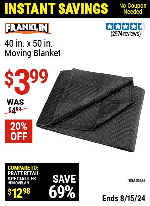 Harbor Freight Coupons, HF Coupons, 20% off - FRANKLIN 40 in. x 50 in. Moving Blanket for $4.49