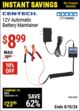 Harbor Freight Coupons, HF Coupons, 20% off - CEN-TECH 12V Automatic Battery Maintainer 