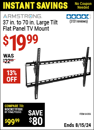 Harbor Freight Coupons, HF Coupons, 20% off - ARMSTRONG Large Tilt Flat Panel TV Mount for $19.99