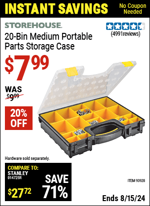 Harbor Freight Coupons, HF Coupons, 20% off - 20 Bin Portable Parts Storage Case